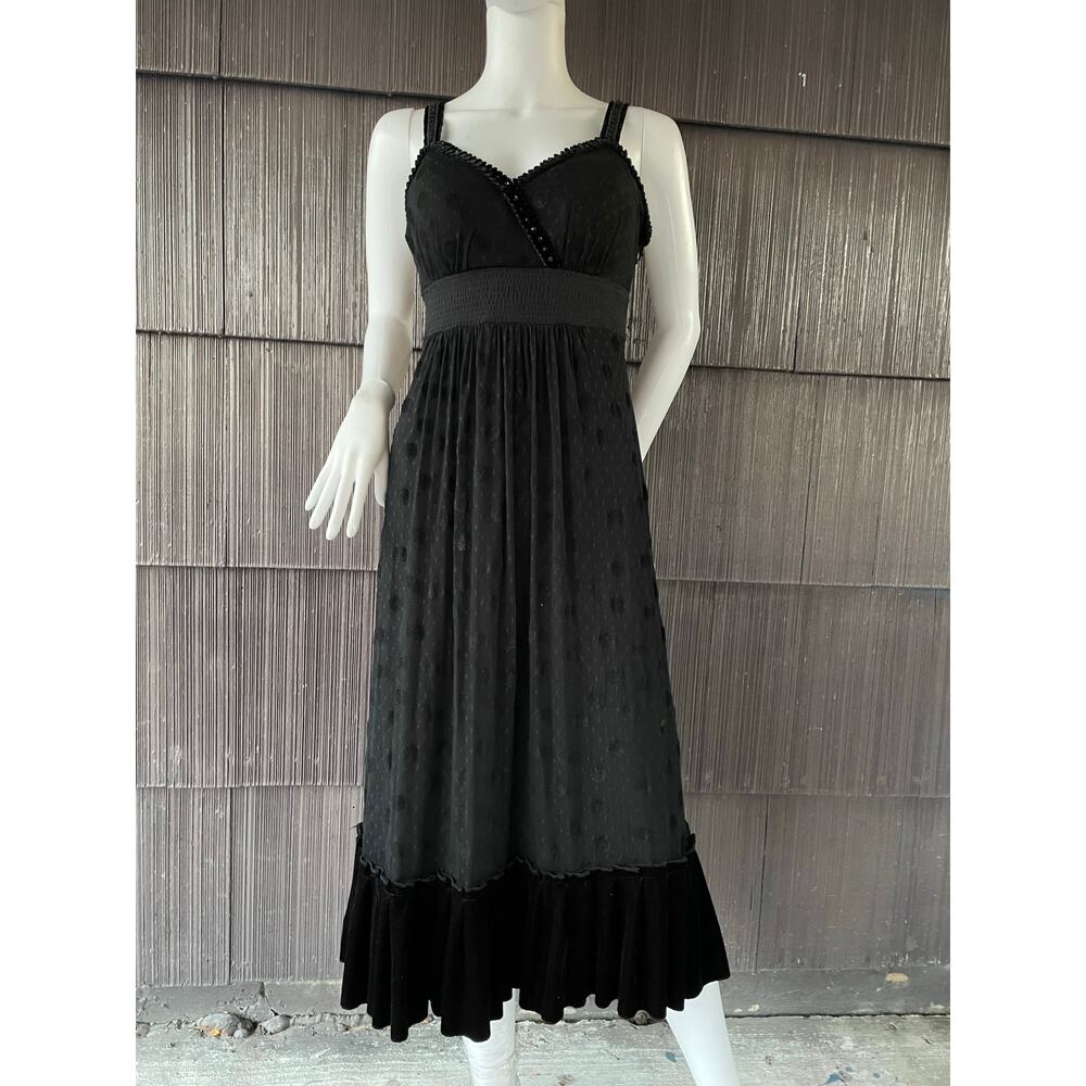 🔥Y2K Mixit Flock Polkadots Romantic Goth Cottagee Boho Empire Waist Black Dress